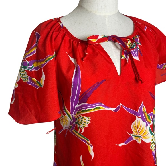 Vtg Hilo Hattie’s Hawaiian Womens XS Midi 90s 80s Dress Bold Flowers Resort Red - Picture 8 of 12
